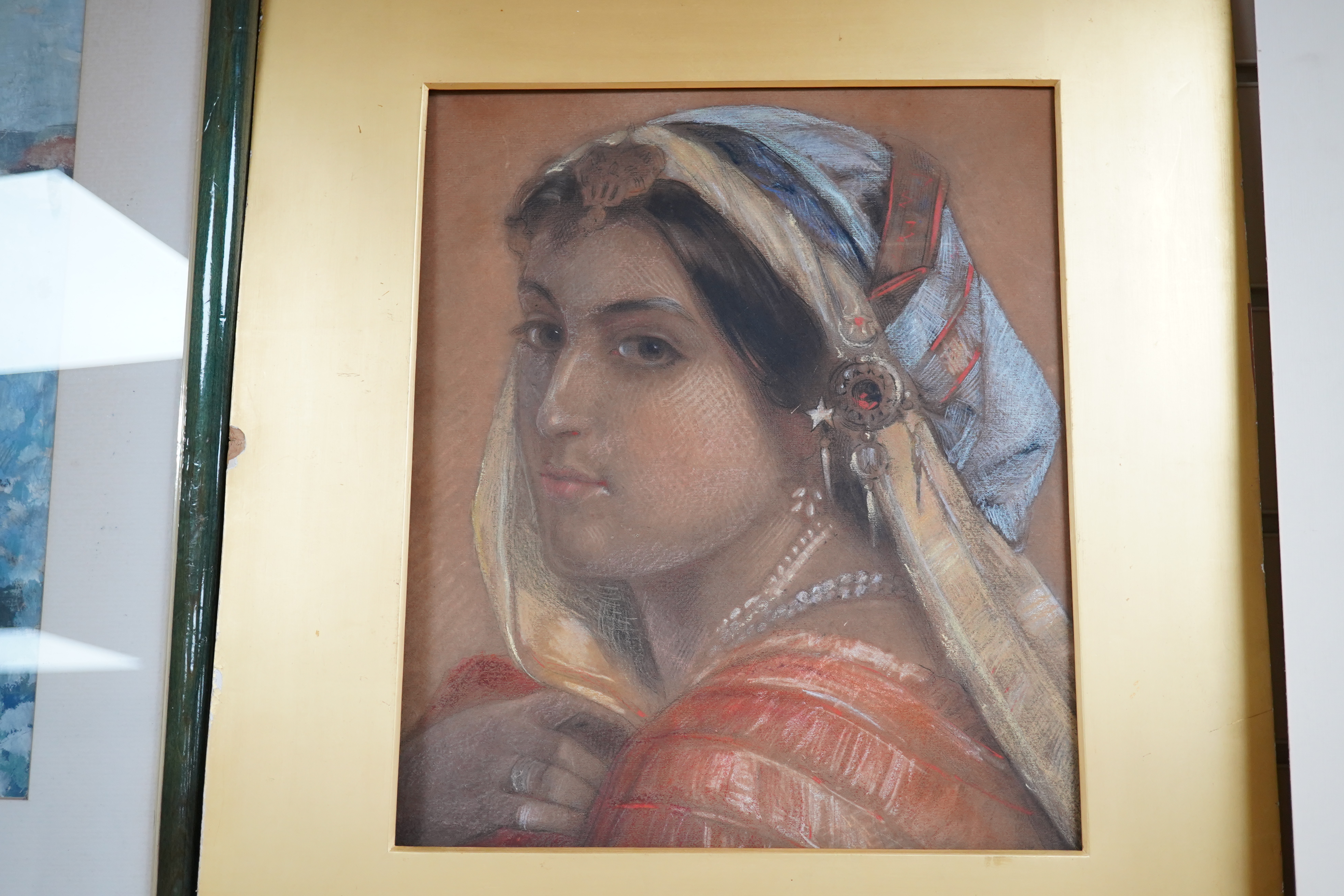 Orientalist School, pastel, Head and shoulders portrait of a woman, unsigned, mounted, 33 x 28cm, unframed. Condition - fair to good